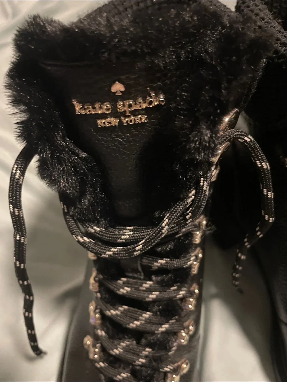 kate spade Black Knit-Cuff Lace-Up Ankle Boots with Faux Fur Trim